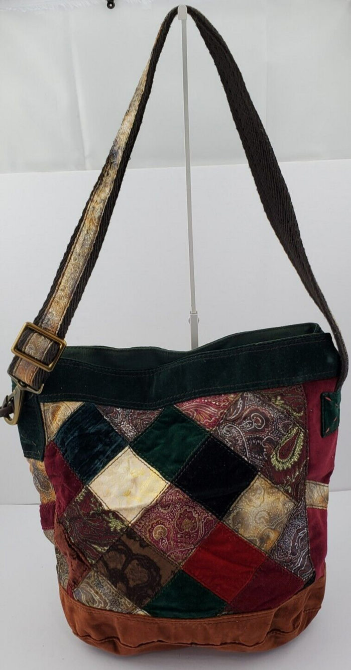 Y2K Lucky Brand Patchwork Velour/Plush/Tapestry Paisleys Hobo Shoulder Bag Multi